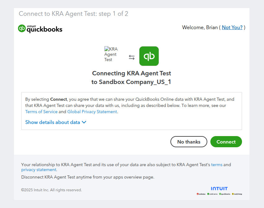 QuickBooks Online Authorization Screen